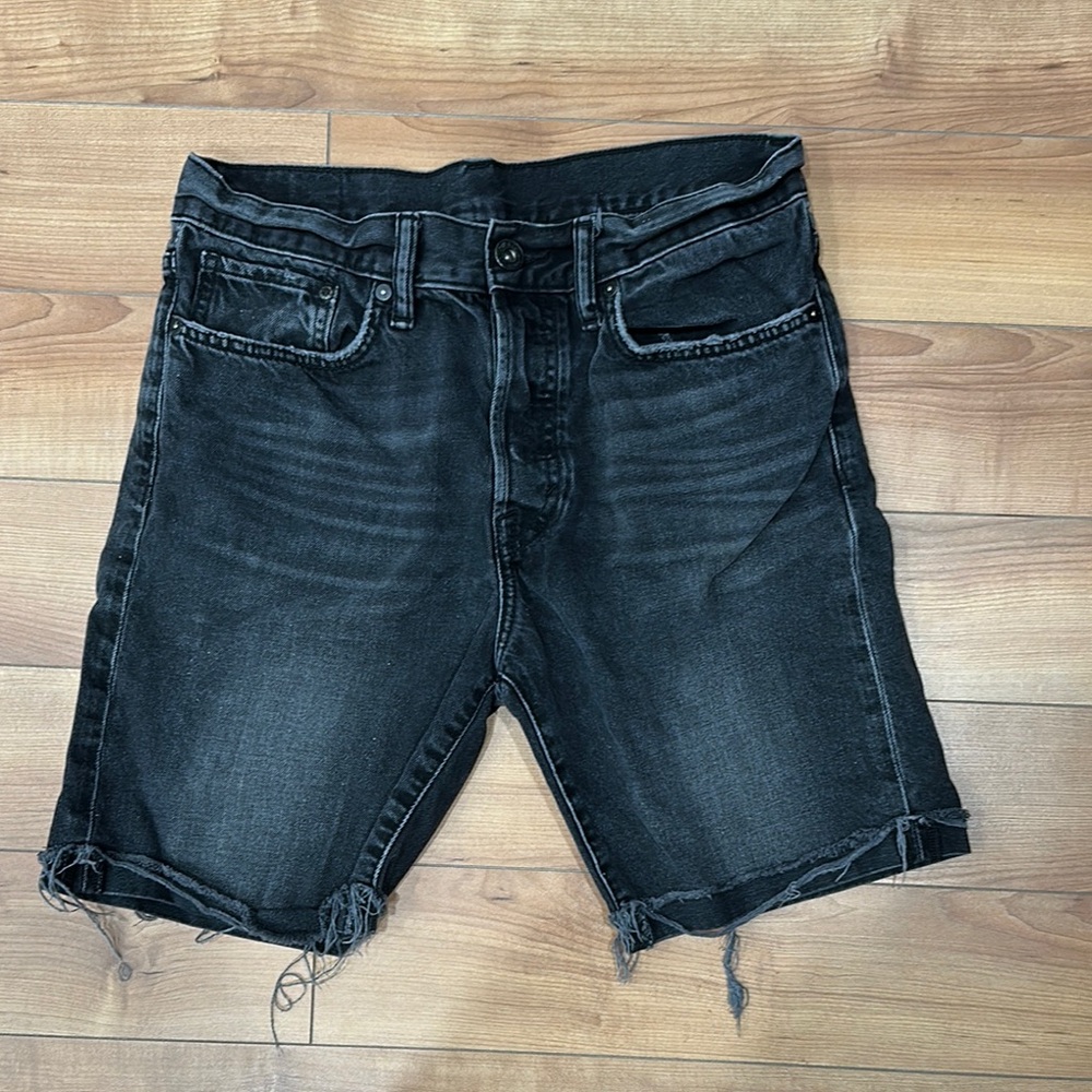 Black Jean Shorts with Frayed Hem and Distressed Look